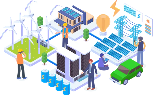 Smart City com trabalhadores operando na eficiência energética e tecnológica